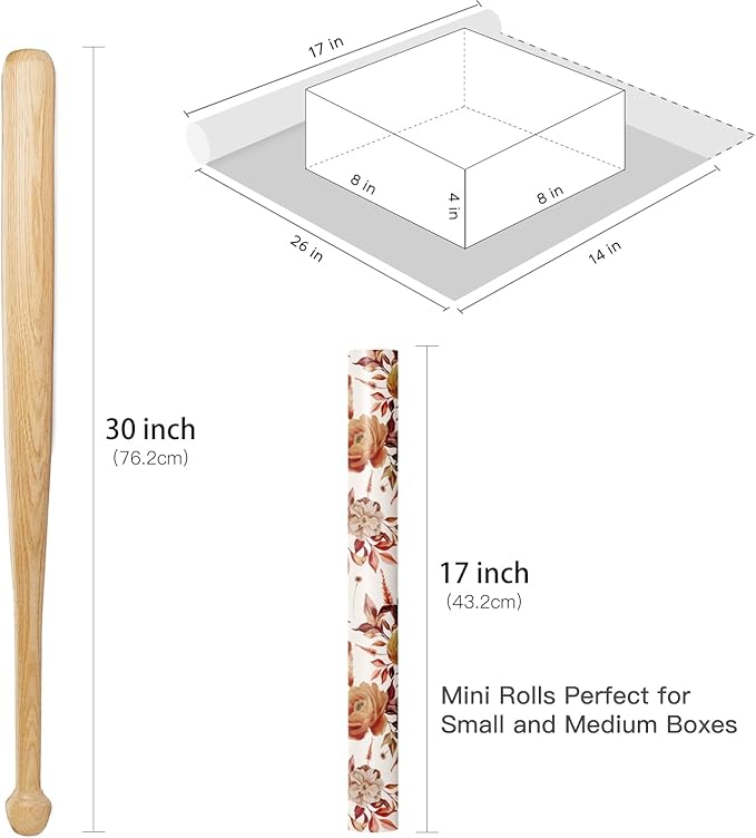 RUSPEPA Fall Floral Wrapping Paper Roll for Women Girls, Mini Roll, Vintage Rose and Autumn Bloom Bouquet Design Gift Wrap for Thanksgiving, Wedding, Birthday, Bridal Shower, 17 Inches x 16.4 Feet