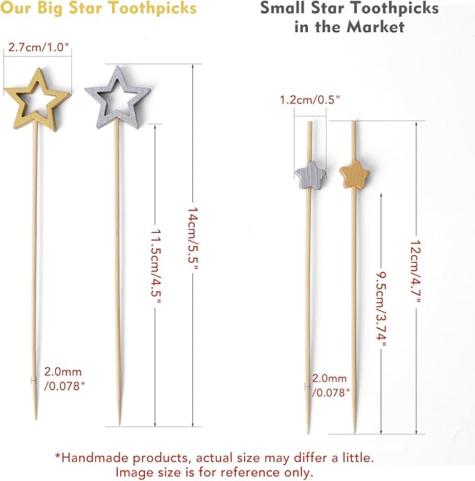 Minisland Matt Silver Star Cocktail Picks, 5.5 Inch Long Bamboo Fancy Toothpicks for Appetizers, Decorative Christmas New Year Holiday Party Food Drinks Garnish Fruit Skewer Sticks 50 Counts - MSL431