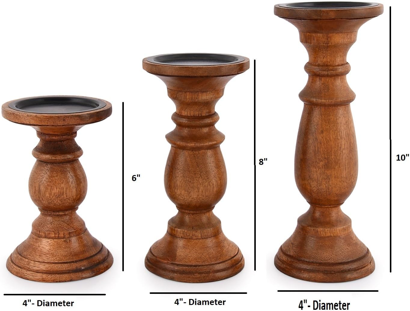 EDHAS Natural Round Turned Candle Holders for Pillar Candles Set of 3 Vintage Style Mango Wood Candle Holder for Centerpiece for Dining, Living Room