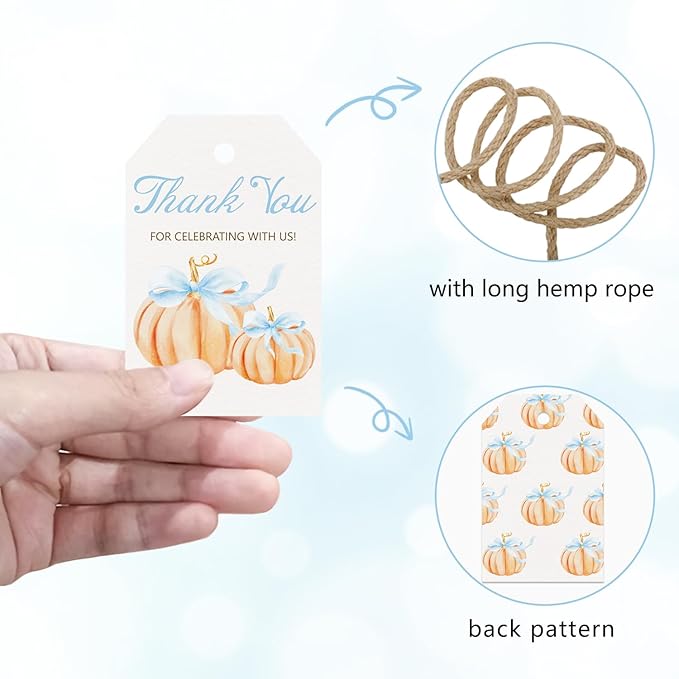 50pcs Little Pumpkin Thank You Tags, Pumpkin Bow Fall Theme Favor Tags for Boy Coquette Baby Shower and Birthday Party Gift Wrapping Decoration (Blue Bow)