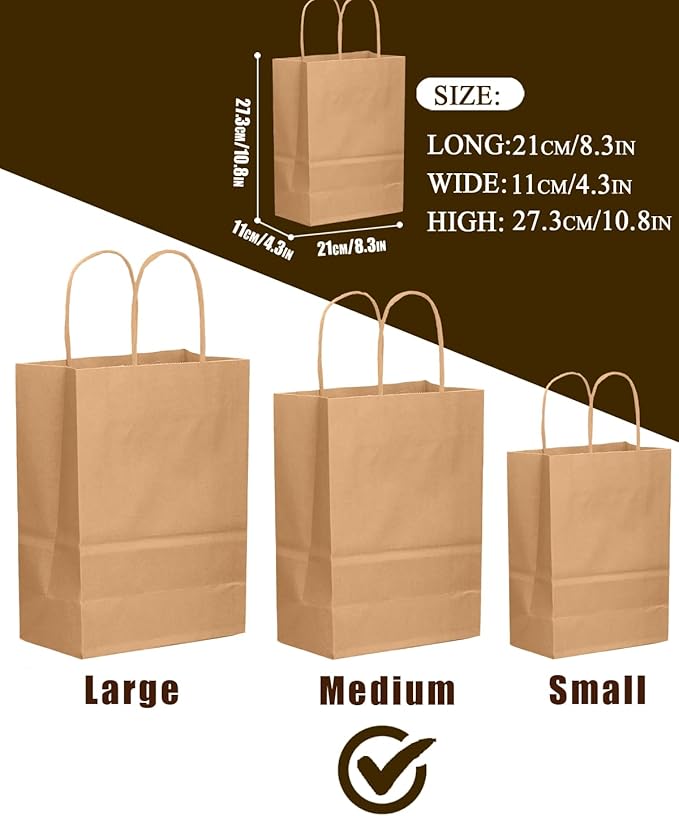 qiqee 30-Packs Brown Gift Bags with Handles Bulk 10.8"x8.3"x4.3" Medium Size Kraft Paper Bags Multiple Uses (Medium Size)