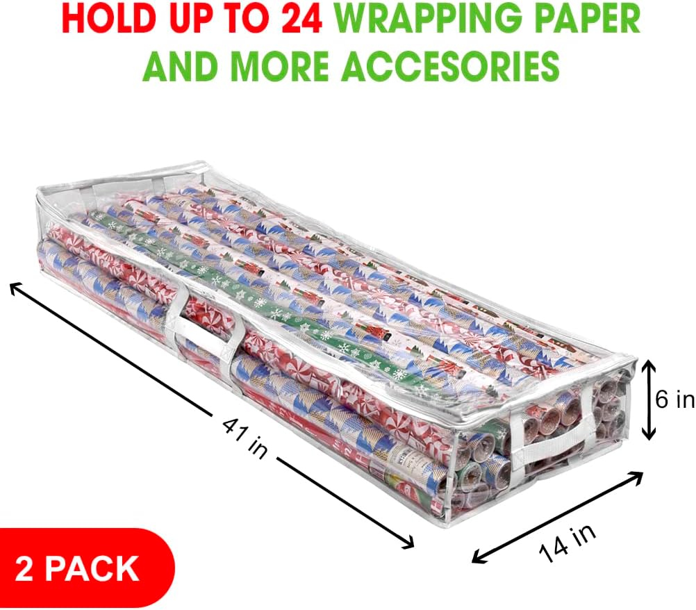 ProPik Wrapping Paper Storage Containers | Gift Wrap Organizer Under Bed 41”x14”x6” Fits 18-24 Rolls Fit Up to 40” Long Roll Wrap Storage Box Holder for Ribbon Bows and Accessories 2 Pack (White)