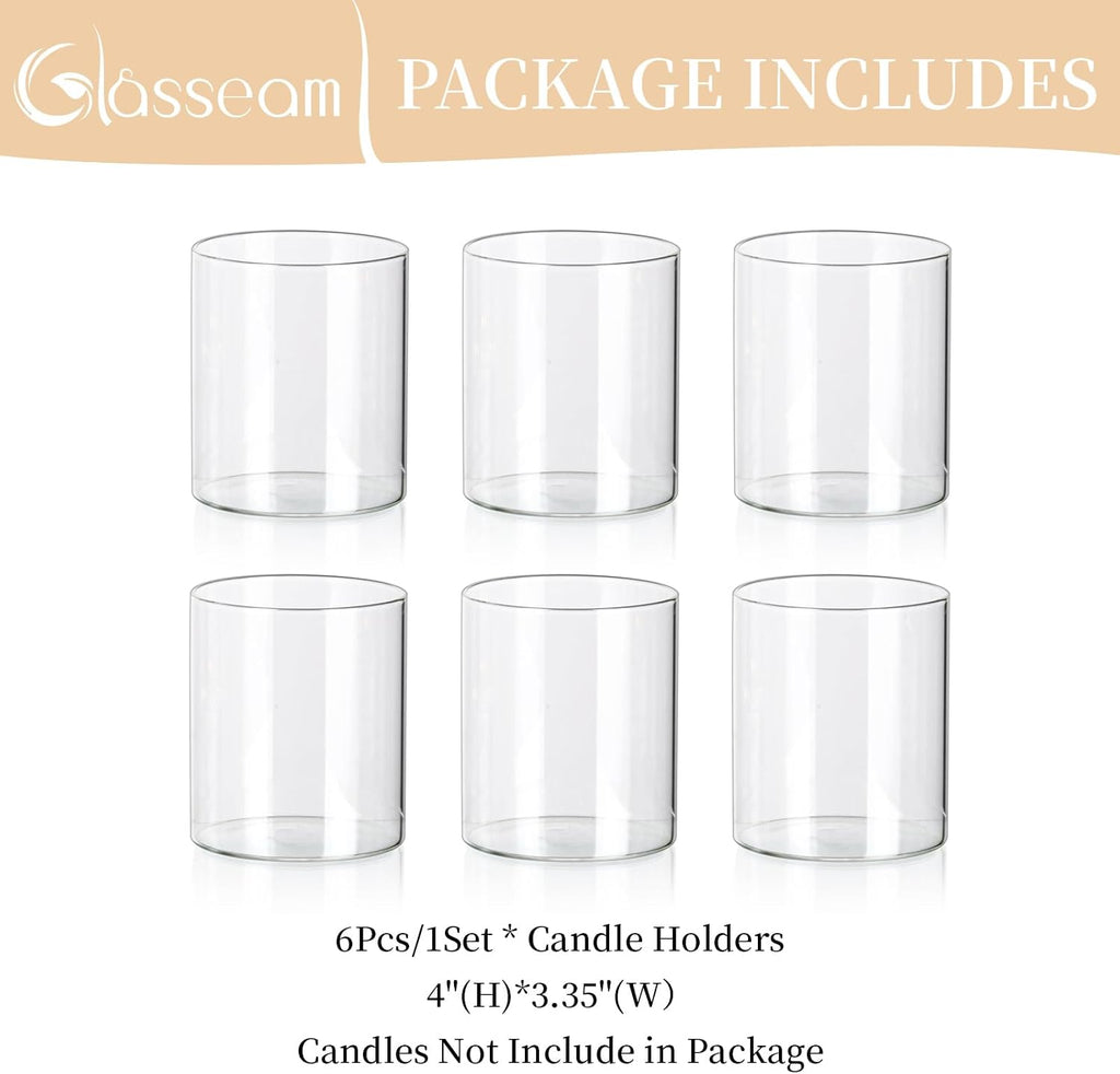 Glasseam Hurricane Glass Candle Holder Set of 6, Cylinder Clear Candle Holders for Pillar Candles, Modern Cylinder Vases for Floating Candles, Vases for Centerpiece Wedding Table Decorations, 4inch