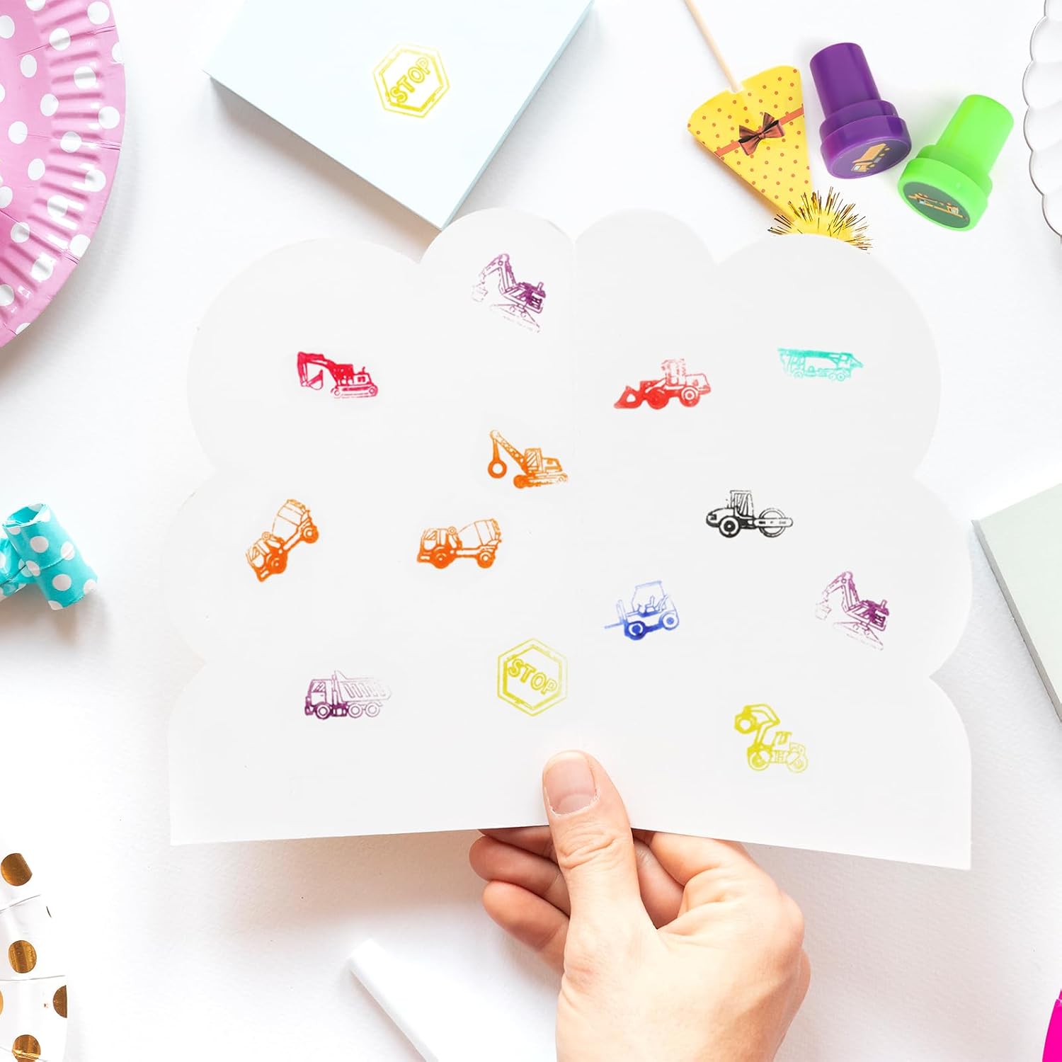 Hxezoc 24 Pieces Construction Truck Print Stamp, Mini Colorful Self Inking Stamps Party Favors Assorted Stamp Set for Classroom Party Educational Learning Activities Supplies
