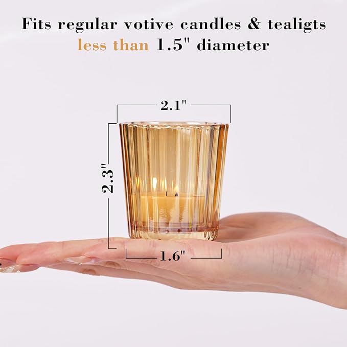 8PCS Vintage Ribbed Gold Votive Candle Holders, Glass Candle Holder for Wedding Decorations, Tealight Candle Holder for Table Centerpiece, Diwali, Home and Party Decorations