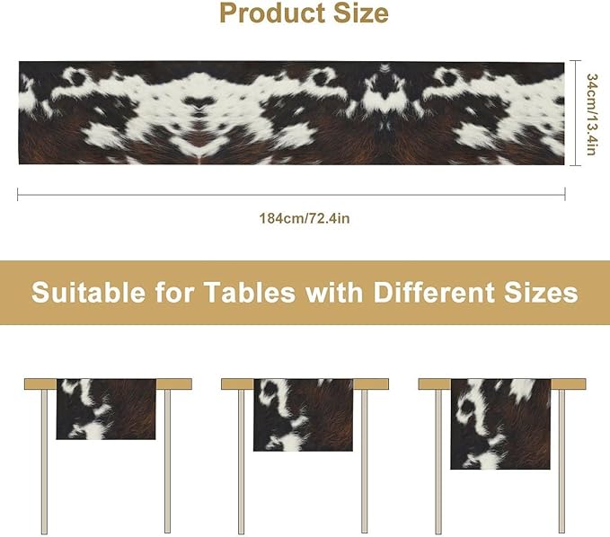 Cow Print Table Runner, Brown Cowhide Print Western Style Table Runner Country Farmhouse Cottage Cow Patten Table Decoration for Home Kitchen Dining, 13x36 Inch