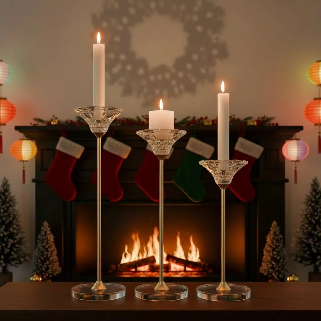 Candlestick Holders, Crystal 2 in 1 Taper and Pillar Candle Holders, Set of 3 Clear Glass Candle Holder, Decorative Candle Holder Candelabra for Home Decor, Wedding, Party, Anniversary