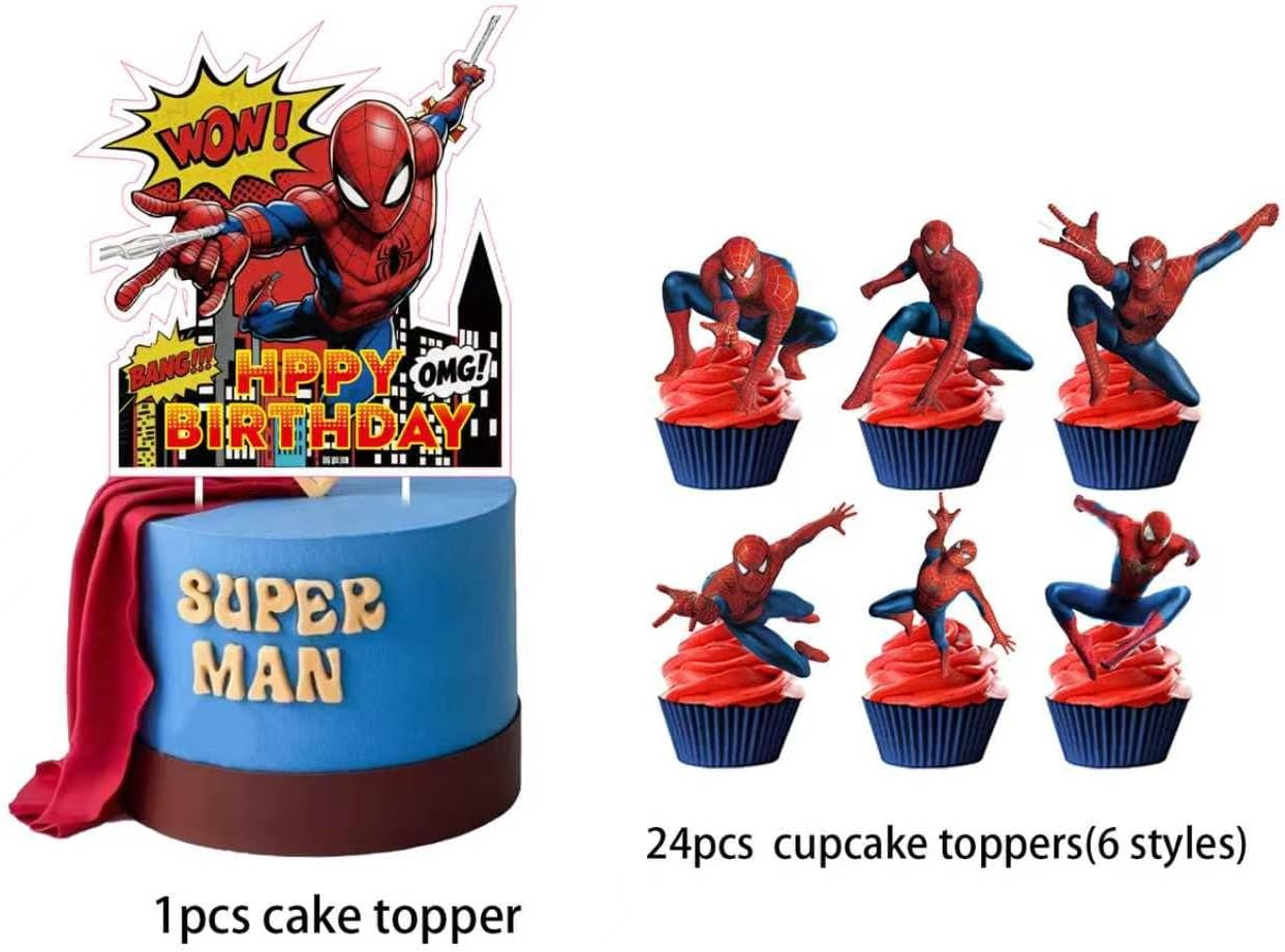 25Pcs For Spider Cake Decorations with 24pcs Cupcake Toppers, 1pcs Happy Birthday Cake Topper, Cartoon Themed Party Supplies, Perfect for Birthday Party Decorations