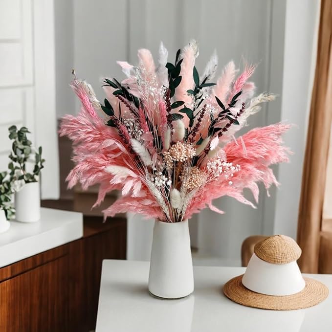 Pink Pampas Grass Dried Flowers Bouquet for Home Decor, Wedding Decor, Boho Style Floral Arrangement Without Flower Vase