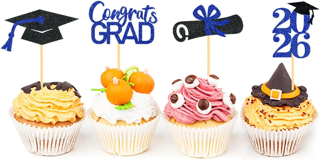 24Pcs Graduation Cupcake Toppers, Black and Blue Graduation Decorations Class of 2026 Cupcake Toppers (Black Blue)