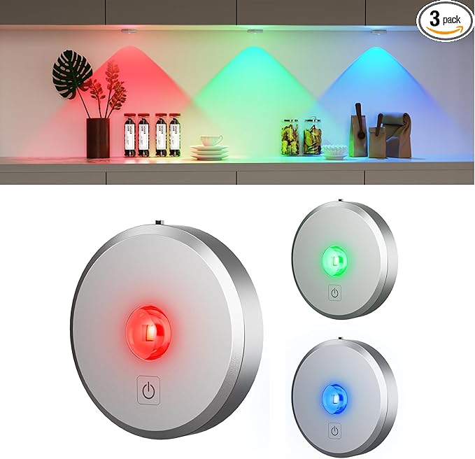 RGB Puck Lights with Remote Control, 2000mAh Rechargeable Stick on Led Lights, 9 Colors & 2 Dynamic, Tap Light with Timing,Under Cabinet Lighting for Closet,Kitchen,Cabinet,Shelf(Silver, 3 Pack)
