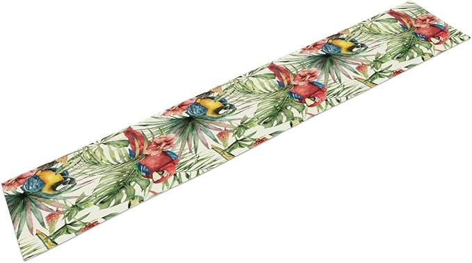 Parrot Table Runner,Tropical Palm Leaf Colorful Macaw Bird Watercolor Print Tablecloth Burlap for Hotel Indoors Outdoor Dining Room Kitchen Home Decor,W13X L36 in