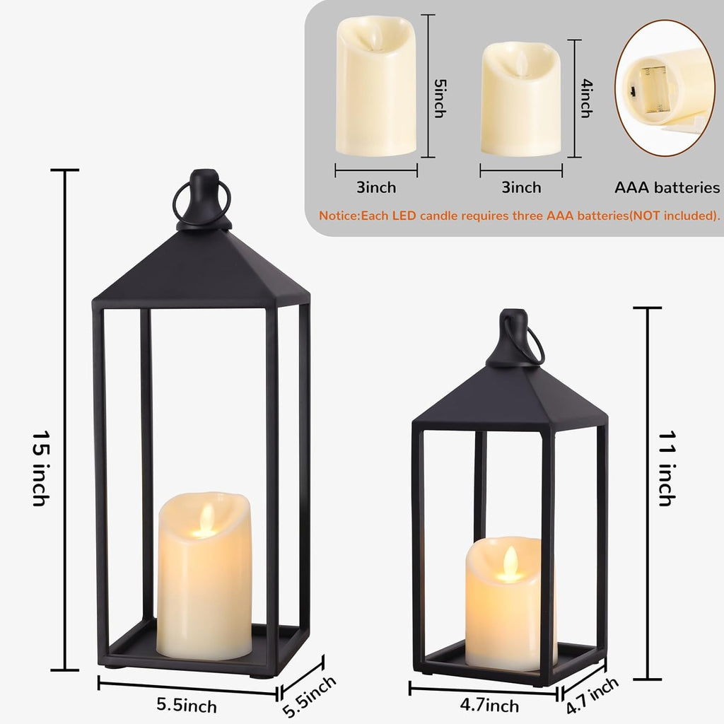 MATAHUM 2pcs Farmhouse Lantern Decor with LED Flickering Flameless Candles - Black Metal Lanterns Decorative for Home Decor, Fireplace Mantle or Table Centerpiece, Halloween Christmas Lantern Decor