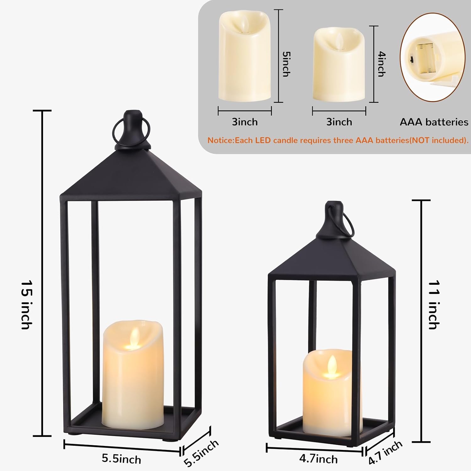 MATAHUM 2pcs Farmhouse Lantern Decor with LED Flickering Flameless Candles - Black Metal Lanterns Decorative for Home Decor, Fireplace Mantle or Table Centerpiece, Halloween Christmas Lantern Decor