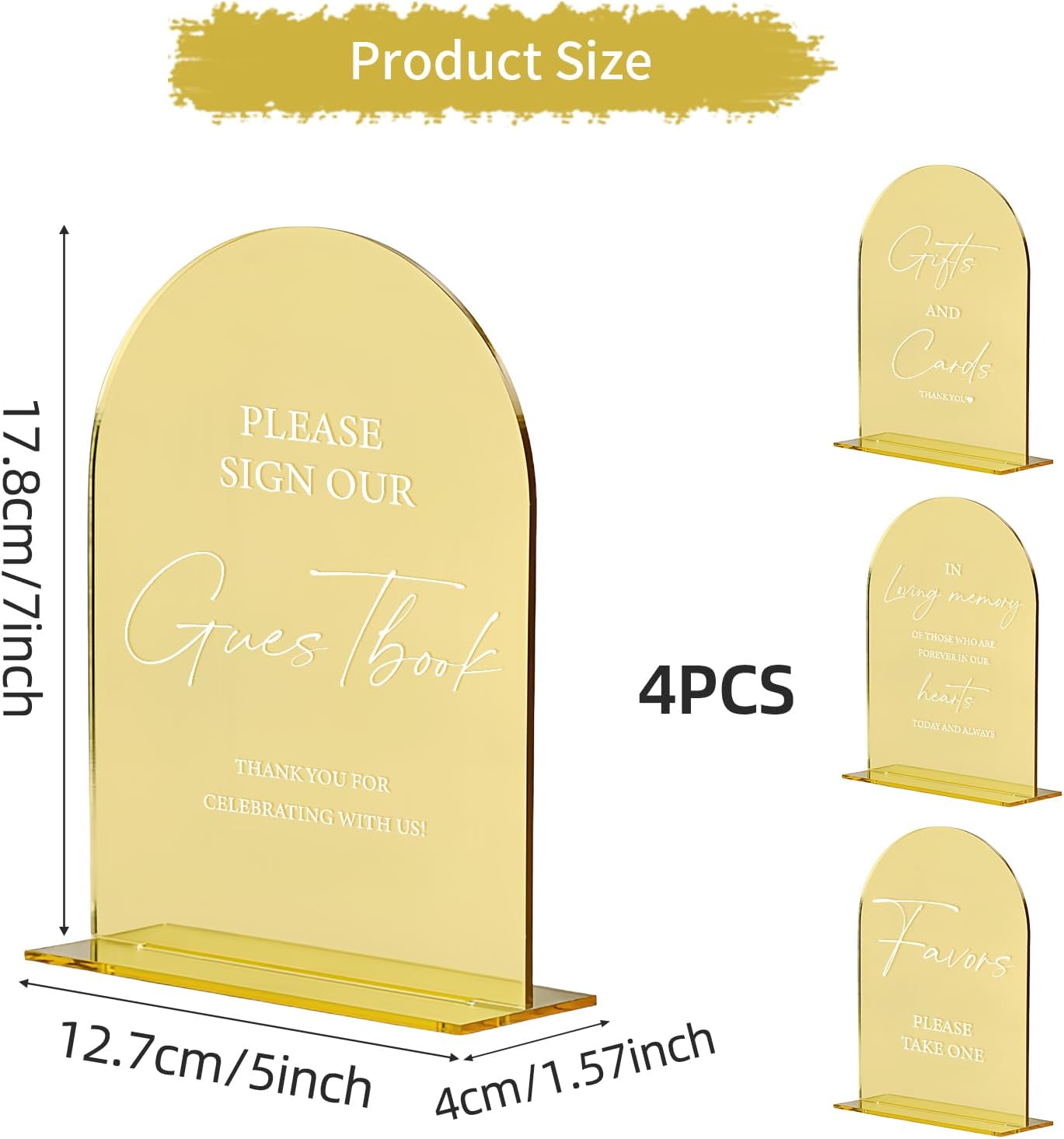 Acrylic Signs with Stand, 5x7 inch Gold mirror, Arched Wedding Table Signs and Base, 1/8" Thick Arch TableTop for Wedding Reception & Event Party Table (Cards and Gifts Sign and Guest Book Sign)