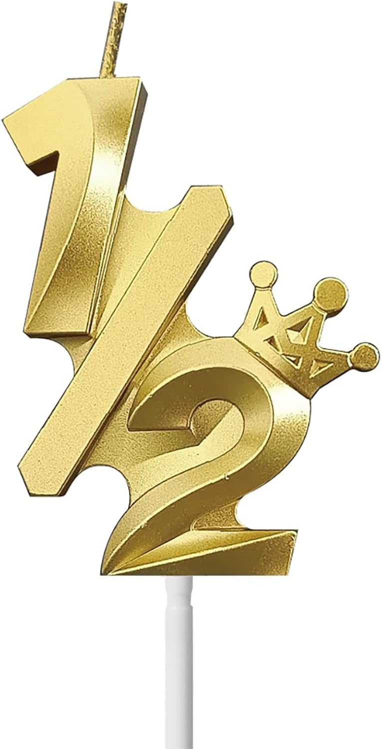 Number 1/2 Birthday Candle Half Years Old Six Monthes Happy Cake Topper Decorations 3D Crown (Crown-1/2, Gold)