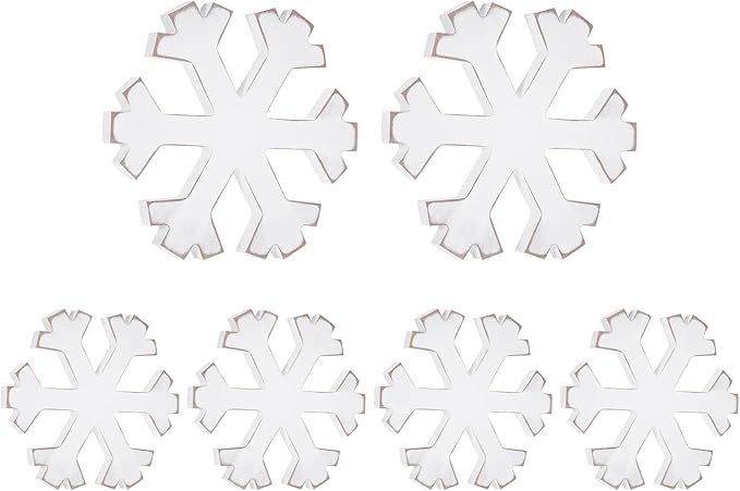 6Pcs Snowflake Decorations Christmas Decor White Winter Wooden Snowflakes Standing Christmas Tiered Tray Decor Table Signs Winter Wonderland Decorations for Indoor Home Xmas Shelf Fireplace Mantel