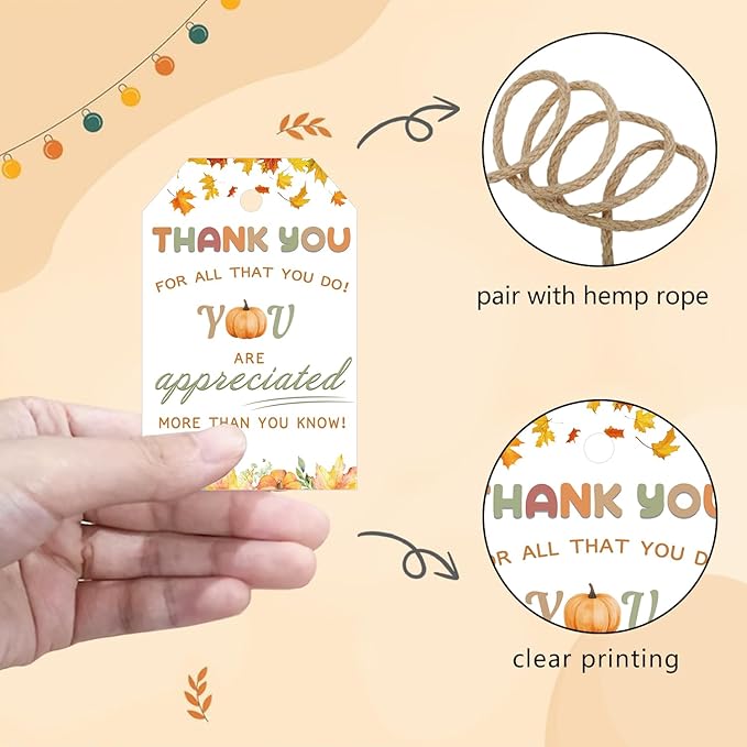 50pcs Thanksgiving Thank You Gift Tags, Friendsgiving Favor Tags with String for Teacher Staff Appreciation Favors Decoration (Appreciation)