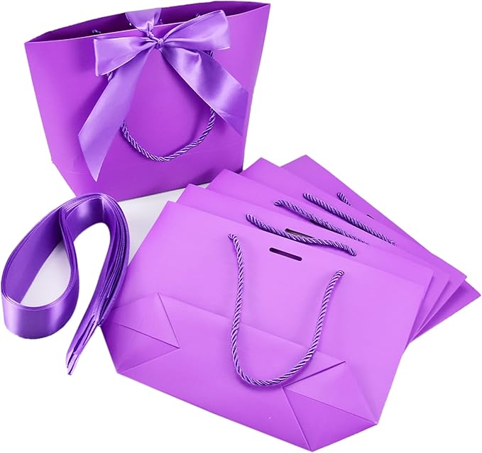 HUAPRINT Gift Bags with Handles,7.48×3.54×7.9 inches,Party Favor Bags with Bow Ribbon,12Pcs Purple Paper Bags for Birthday Wedding Bridesmaid Present Celebration Holiday