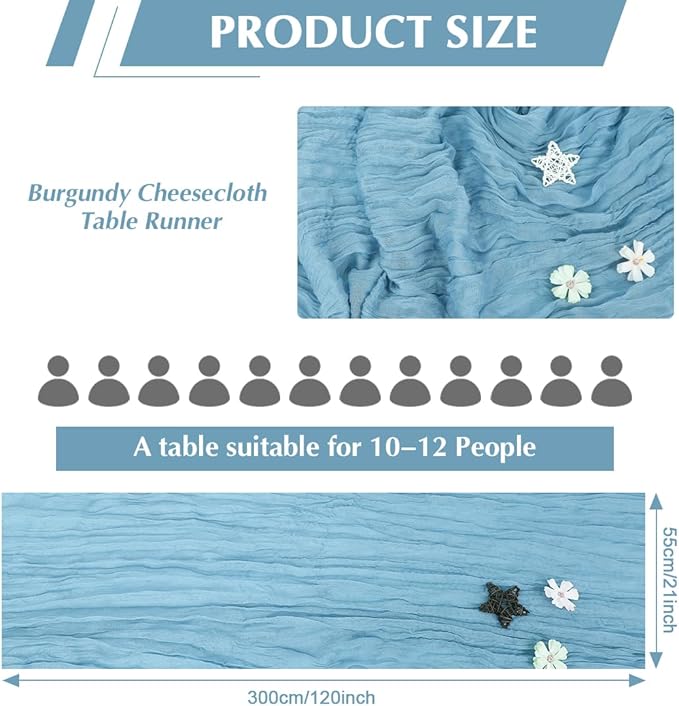 10 Pack Baby Blue Cheesecloth Table Runner -21*120Inch Long Boho Wedding Table Decor, Rustic Gauze Fabric Runner for Bridal Showers, Baby Showers & Parties (Sheer, Lightweight, Wrinkled Design)