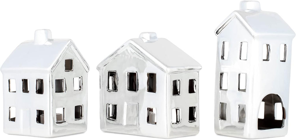mark feldstein chrome finish porcelain led village, set showing dimensions