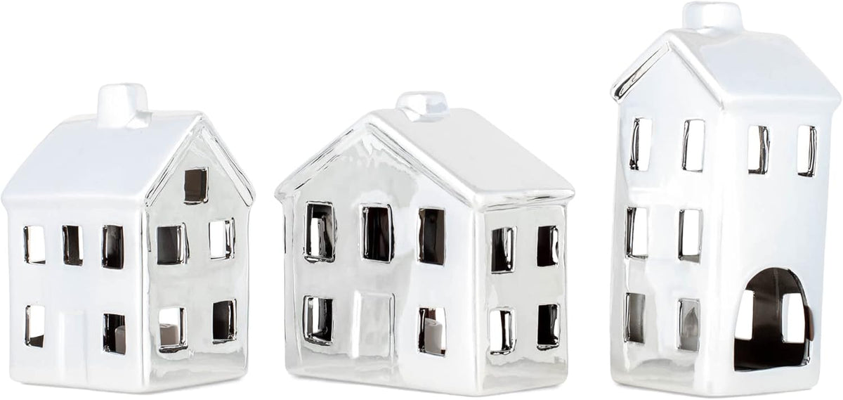 mark feldstein chrome finish porcelain led village, set showing dimensions