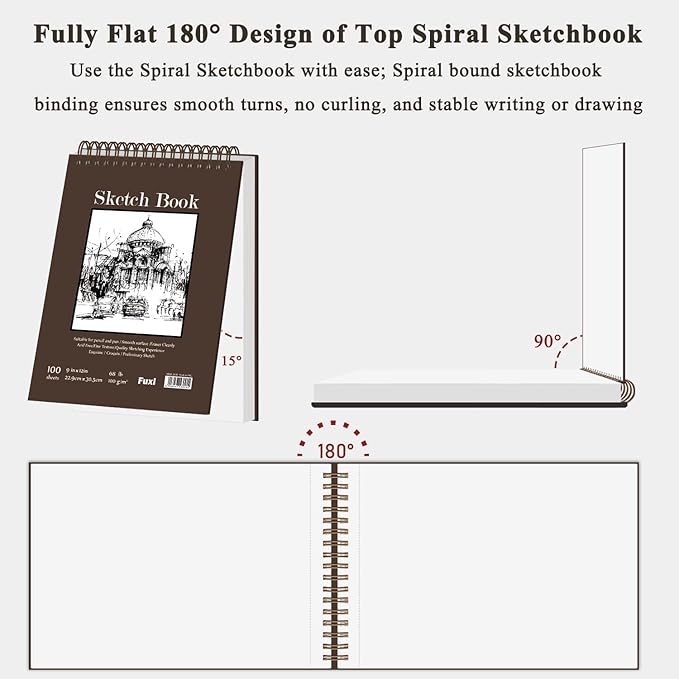 Fuxi 9" x 12" Sketch Book, Top Spiral Bound Sketch Pad, 100 Sheets 68lb/100gsm Acid-Free Drawing Paper, Art Sketchbook for Drawing Pad for Kids Artists & Beginners Professional Art Supplies for Adults