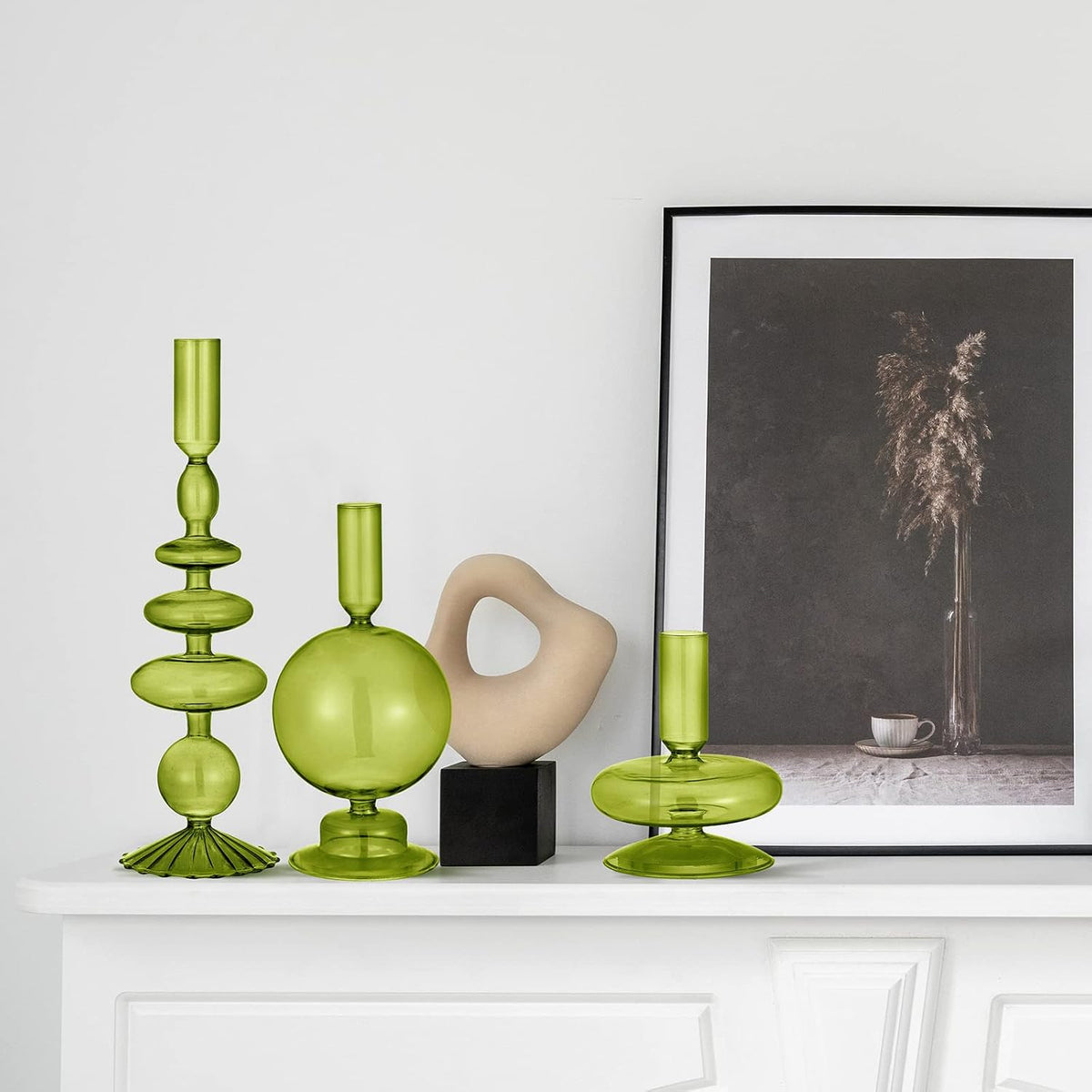 Rtteri 3 Pcs Glass Candle Holder Candlesticks Holders, Green