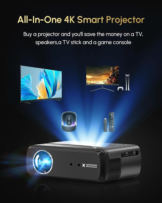 Portable Smart Projector Netflix Officially,AI Auto Focus&Keystone,1400ANSI 4K Support,WiFi6+2.4/5G WiFi,Two-way Bluetooth,Dolby Audio,HDR10,Android TV 11.0,Google Assistant,Home Theater Outdoor Movie