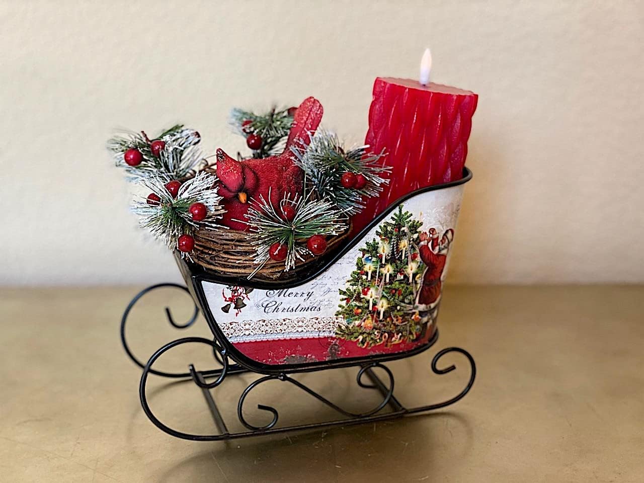 Christmas Sleigh Metal Ornament Small Candy Storage Gift Tabletop Centerpiece Mantel Fireplace (Multicolor Merry Christmas)