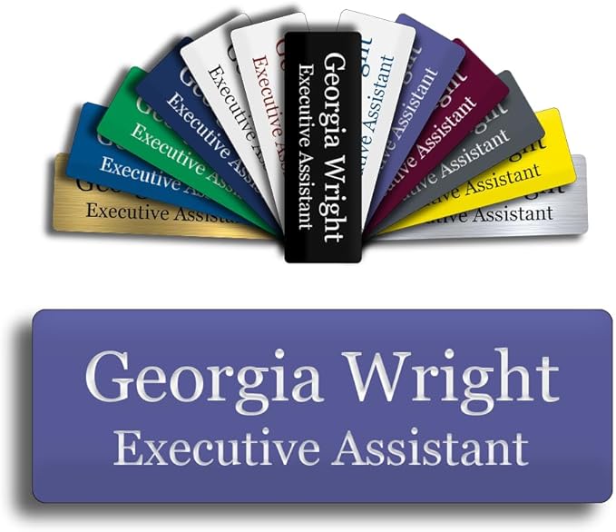Custom Engraved Name Tag 1" x 3" Personalized Badge Magnetic or Pin Backing Made in The USA by Gem Awards (Purple)