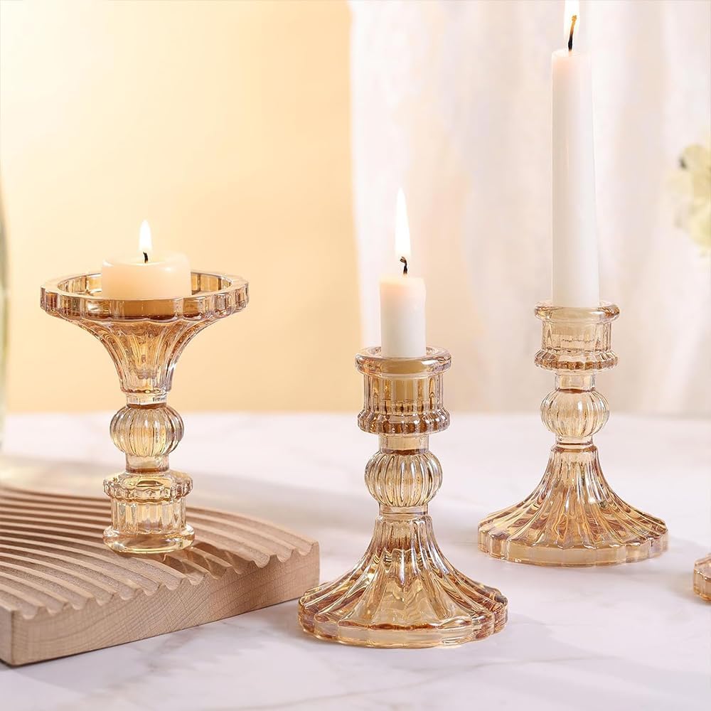 Glass Candlestick Holders Set of 6, Taper Candle Holder for Wedding Festival Christmas Party Valentine's Decor, Table Centerpieces (Amber)
