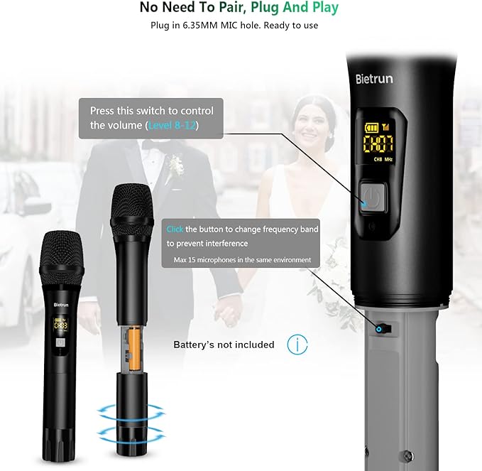 Wireless Microphone, Bietrun UHF Metal Dual Handheld Cordless Dynamic Mic System with Rechargeable Receiver, 1/4‘’Output, for Karaoke, Church, Speech, Wedding, Party Singing(160 ft Range)-Auto Connect