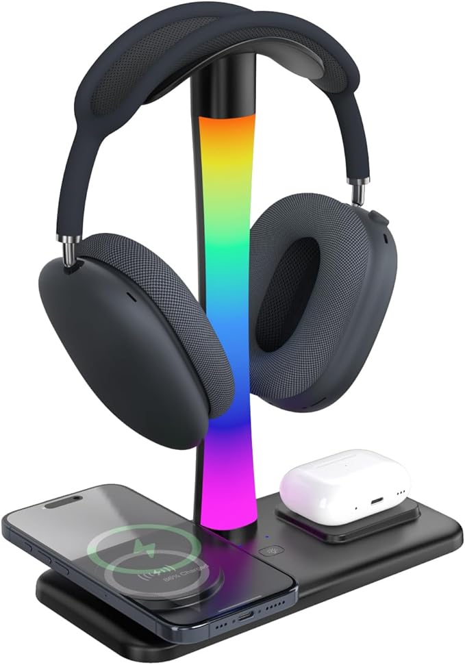 Headphone Stand with Wireless Charger,Gaming HeadsetStand with RGB Light Mode,AirpodMaxStand Compatible with Airpod Pro/3/2,iPhone 16/15/14/13/12/11,Samsung,Gifts for Gamers and Music Lover