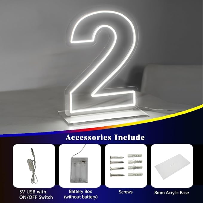 Number 2 Neon Sign for Bedroom, 16.54" Cool White USB Battery Powered Birthday Neon Sign for Party Wedding Anniversary Decor Light Sign (Number 2)