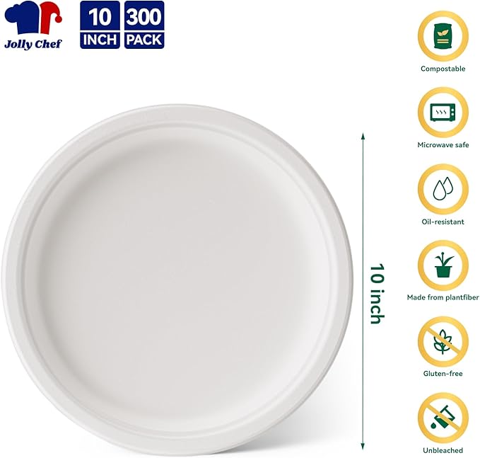 JOLLY CHEF Compostable Heavy Duty Plates 𝟭𝟬 𝗜𝗻𝗰𝗵 [𝟯𝟬𝟬 𝗣𝗮𝗰𝗸] Eco-Friendly Disposable White Paper Plates Made of Bagasse Biodegradable Bulk for Party Dinner Sugarcane Fibers Round 300 Count
