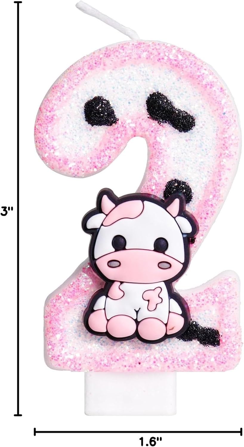 Pink Cow Glitter Birthday Candles Number 2 Birthday Decorations, 2 Year Old Birthday Decorations, Number 2 Candle for Cake, Cowgirl Theme Number Candle for Girls 2nd Birthday Party Décor