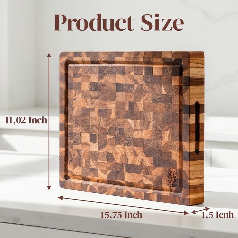 teak wood end grain cutting board 16 x shown in use