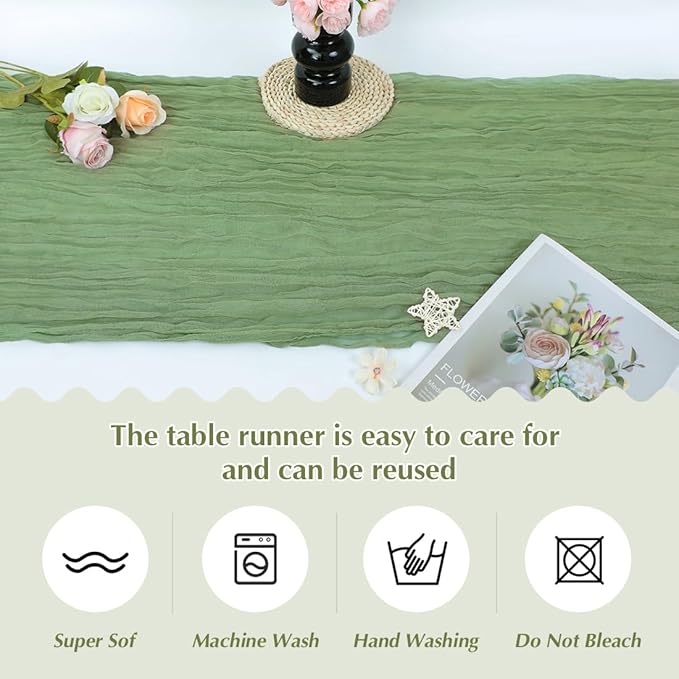 Olive Green Cheesecloth Table Runner -21*120Inch Long Boho Wedding Table Decor, Rustic Gauze Fabric Runner for Bridal Showers, Baby Showers & Parties (Sheer, Lightweight, Wrinkled Design)