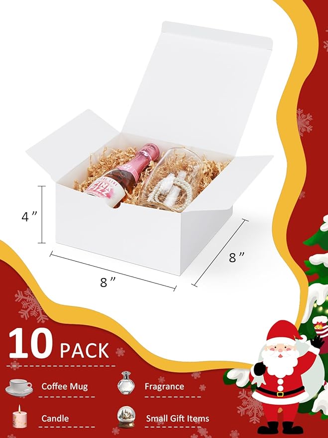 Eupako White Gift Boxes 8x8x4 10 Pack, Kraft Paper Gift Boxes with Lids for Bridesmaid Proposal Gifts, Wedding, Birthday, Crafting, Graduation, Holiday, Christmas
