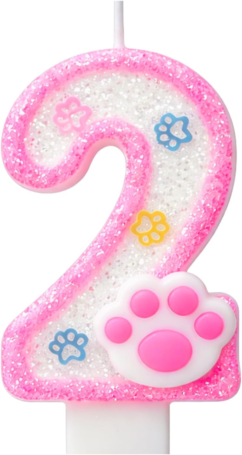 Dog and Cat Paw Number Candles for Cake Decoration, Pink Kitten Paw Number 2 Candle, Dog Themed Birthday Cake Topper for Party Decorations