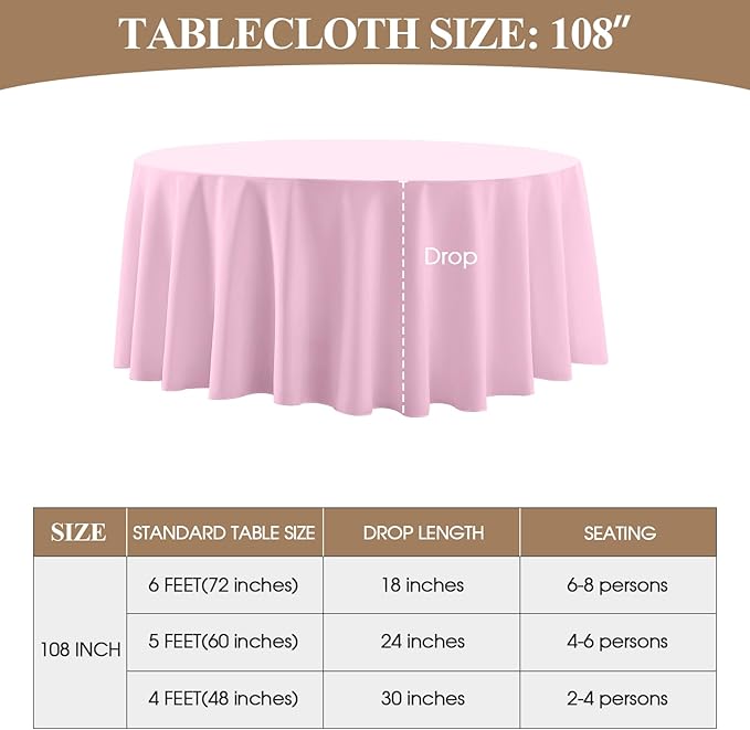 Round Tablecloth 6 Pack 108 Inch Pink Tablecloths Washable Decorative Linen Polyester Table Clothes Cover for Dining Table Banquets Buffet Parties and Wedding