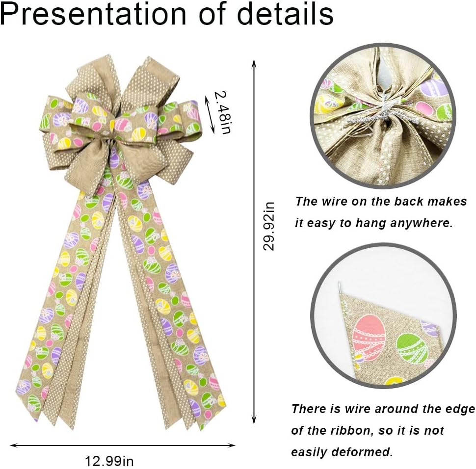 Large Easter Wreath Bows for Front Door, Flaxen Burlap Ribbon Bow Easter Bunny Bows Holiday Spring Bow Tree Topper Bows for Easter Party Decorations Supplies
