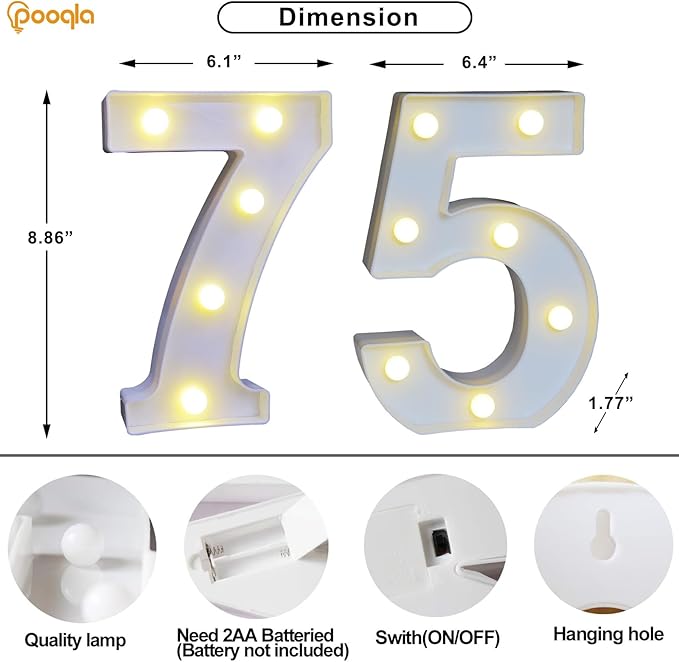 Pooqla 75th Birthday Decorations for Her Him, 35 Colors LED Light Up Numbers with Remote, Multicolor Marquee Numbers 75 Sign for Party Backdrop 75th Birthday Gift, Lighted Number 75