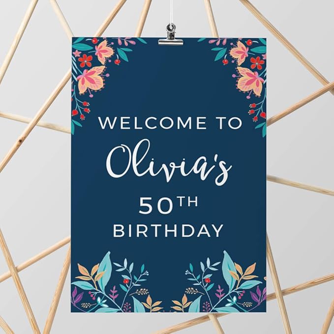 Andaz Press Personalized Extra Large Birthday Easel Board Party Sign, 12x18-inch, Vintage Bohemian Flowers on Navy Blue, Welcome to Olivia's 50th Birthday, 1-Pack, Custom Name Age