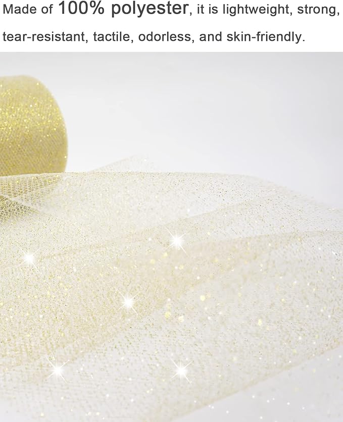 Glitter Gold Tulle Fabric Rolls, 6 Inch 50 Yards (150ft) Sparkling Spool Ribbon Sequin Netting for Tutu Skirt Gift Wrapping Wedding Party Decoration (White/Gold)
