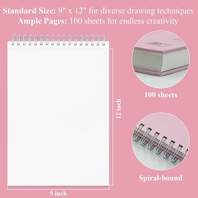 Cute Sketchbook Pink, 9"x12" Sketch Book for Teen Girls, 100 Sheets Girl Sketchbook 73lb/120gsm Drawing Paper for Kids, Art Supplies for Teens 14-16 Girls.