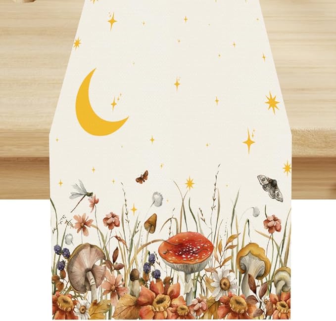 Mushroom Kitchen Table Runner, Gothic Moon Star Plants Witchy Moonlit Flower Butterfly Table Runner for Kitchen Dinner Living Room Drapes, 13x90 Inch White
