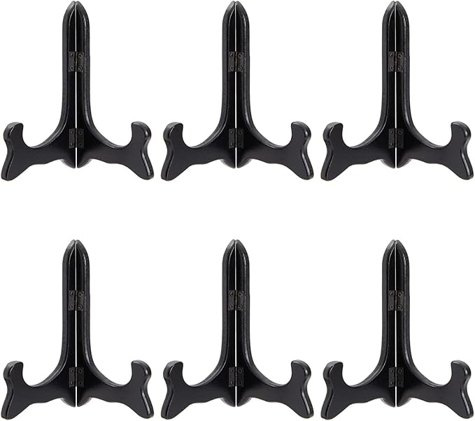 Juvale 6-Pack Wooden Plate Stands for Display - 6-Inch Black Compact Tabletop Wood Easels - Lightweight & Sturdy Plate Holder Stands for Photos & Artwork