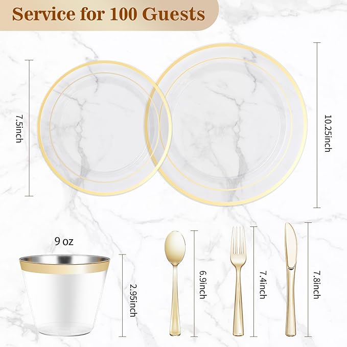 BESTVIP 600PCS Clear Gold Dinnerware Set for 100 Guests, Plastic Plates for Party, Christmas and New Year, 100 Disposable Plates, 100 Dessert Plates, 100 Cups, 100 Spoons, 100 Forks and 100 Knives